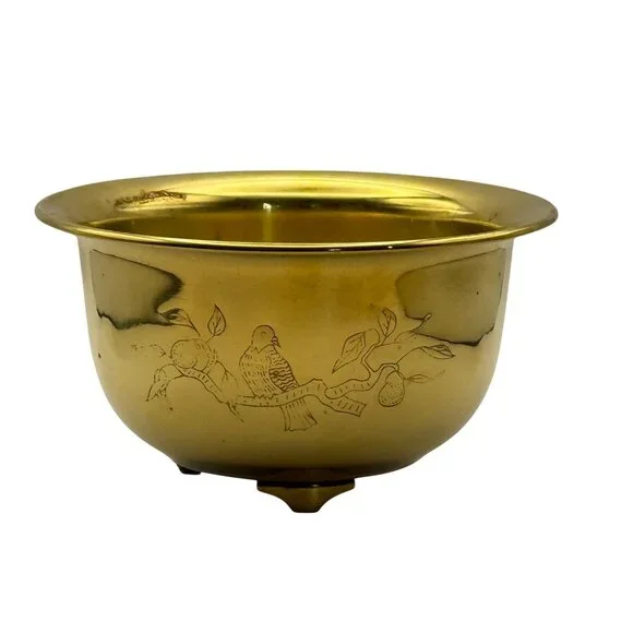 Vtg Etched Brass Bowl Birds Footed Dual-Sided Planter 1960s Decor MCM 3.5"T 6"D - Picture 9 of 10